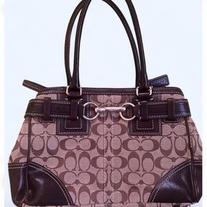Coach Brown Signature Canvas Shoulder Bag with Dark Chocolate Trim